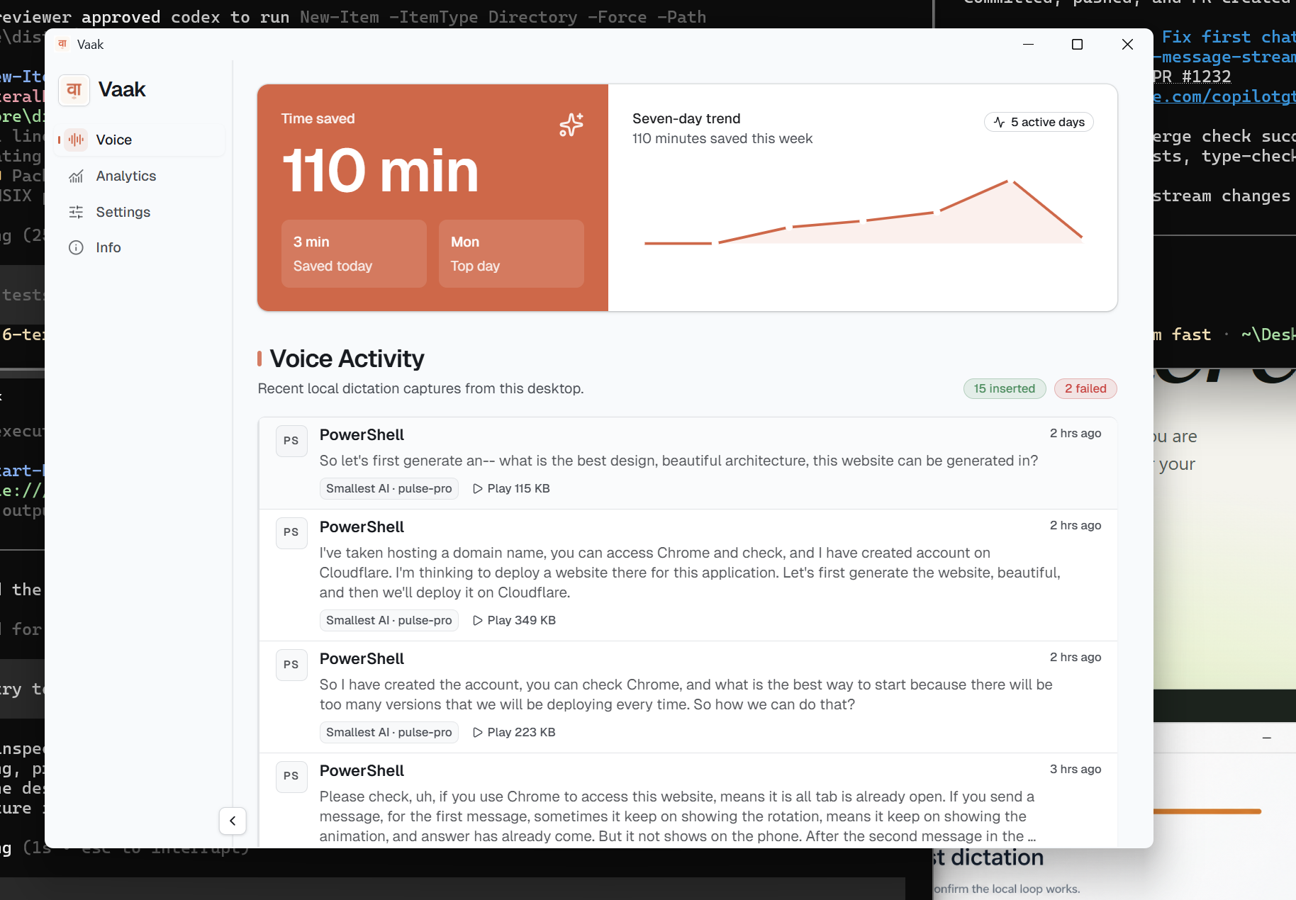 Vaak desktop analytics showing time saved and recent voice activity