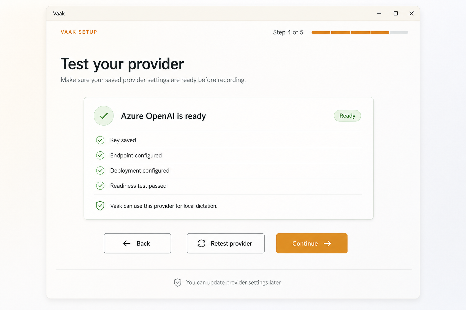 Vaak showing a speech provider ready for use